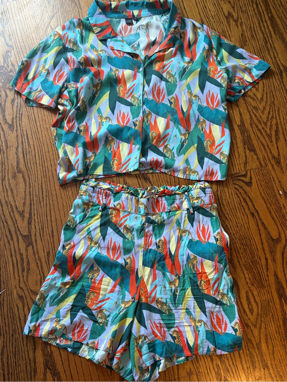 Simons Tropical Two-Piece Short Set in Teal, Coral & Green